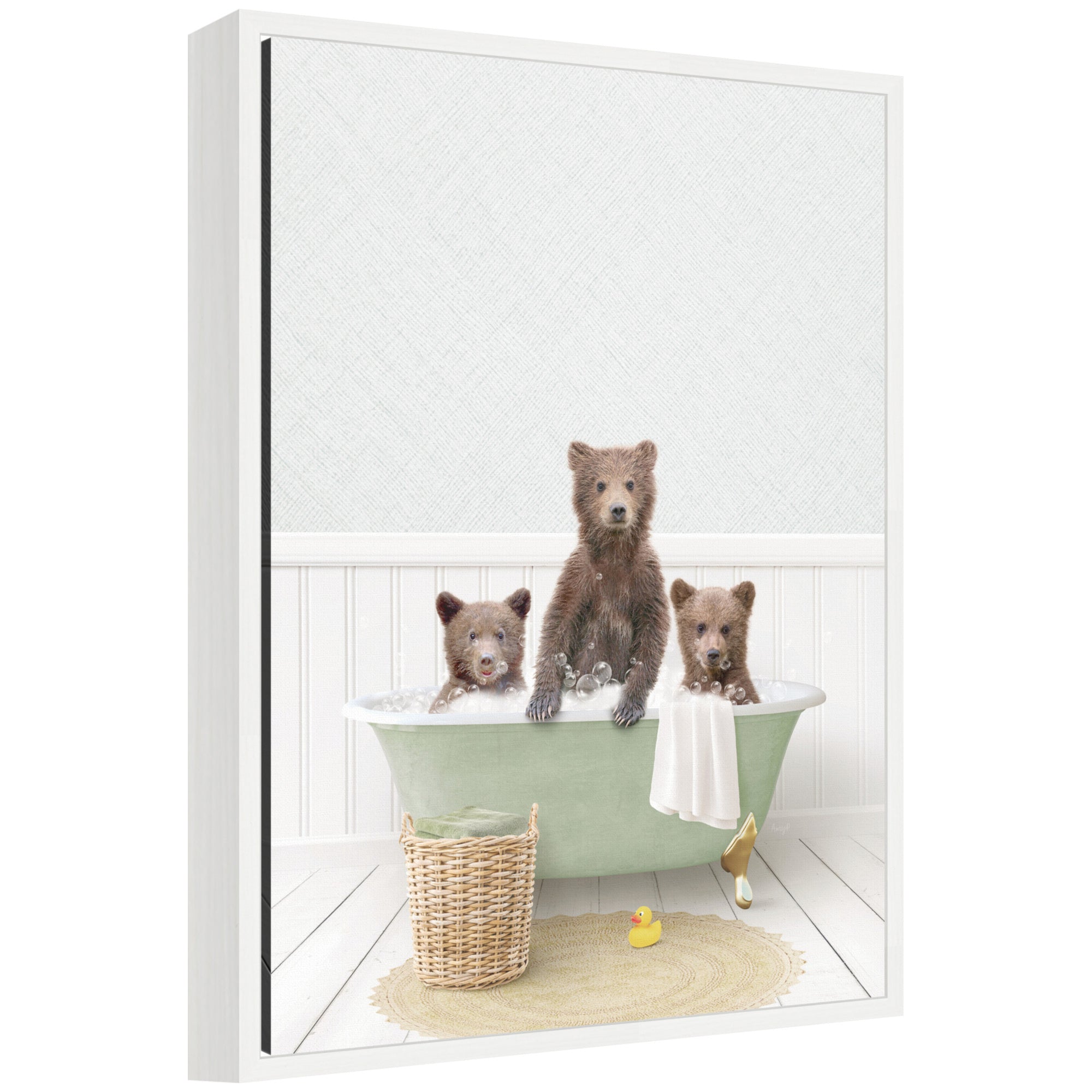 Framed canvas art depicting three bear cubs in a green bath by Amy Peterson