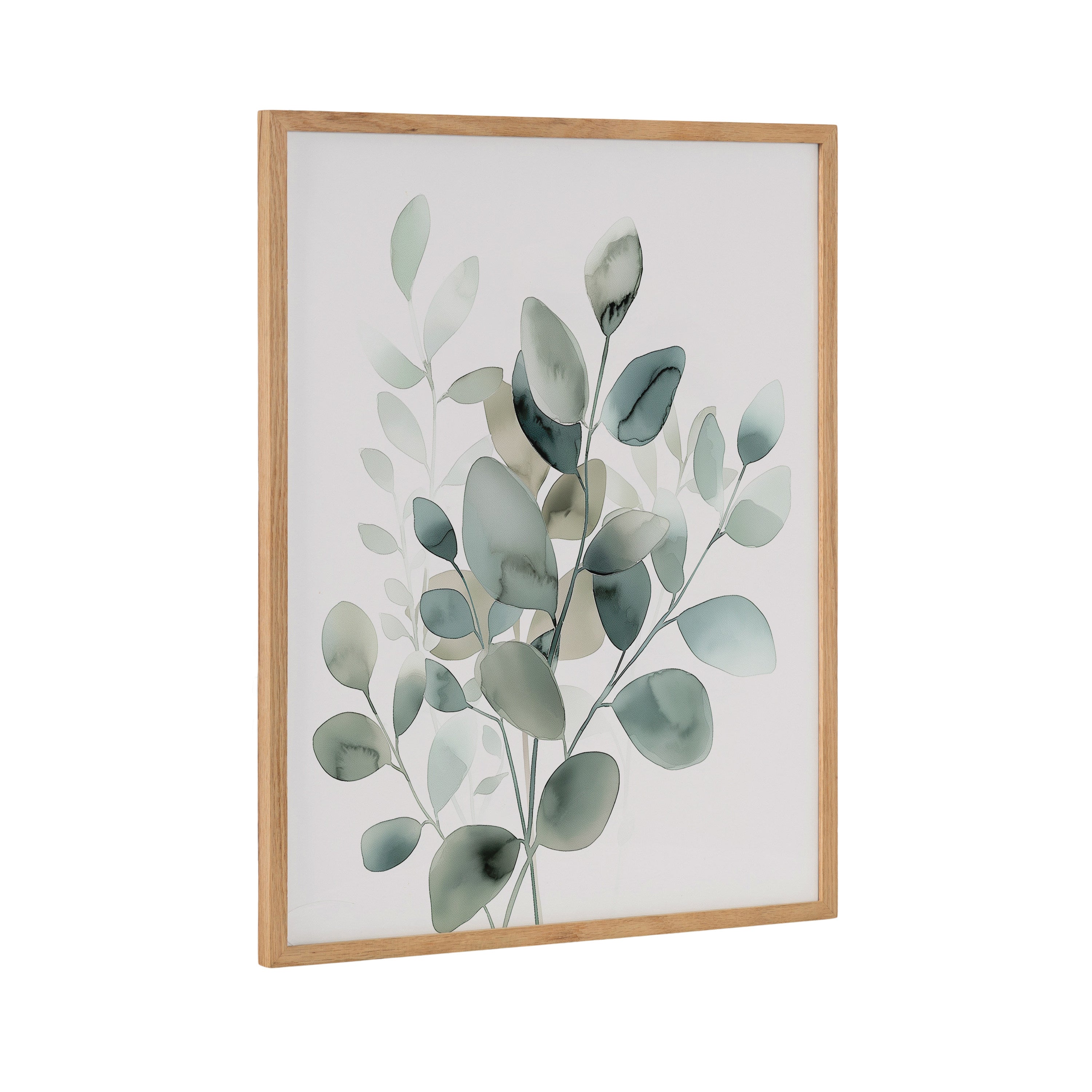 Framed modern minimalist botanical watercolor print in muted teal with eucalyptus leaves