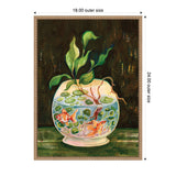 Painting of two orange goldfish swimming inside a round glass bowl filled with water plants, topped with green leaves against a dark background, framed in a light wood frame.