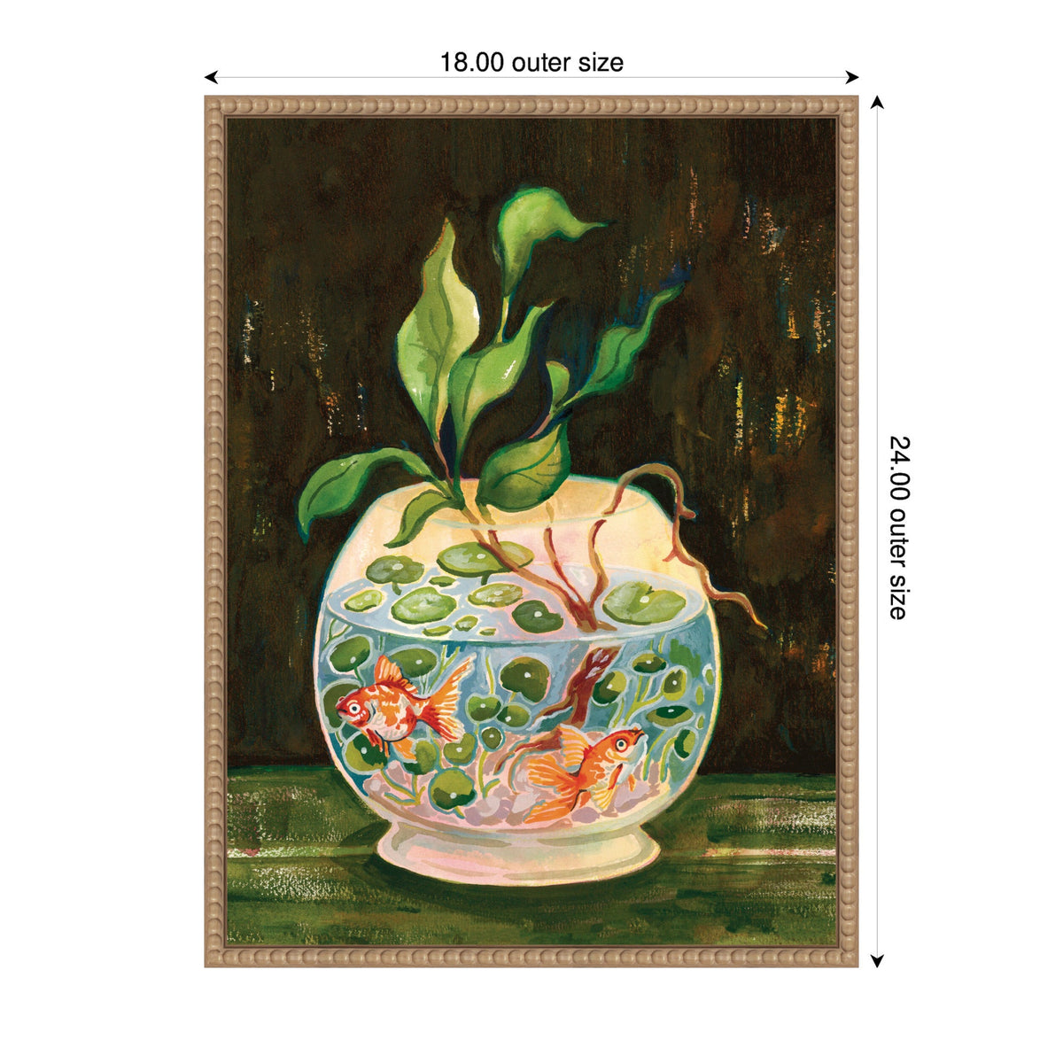 Painting of two orange goldfish swimming inside a round glass bowl filled with water plants, topped with green leaves against a dark background, framed in a light wood frame.