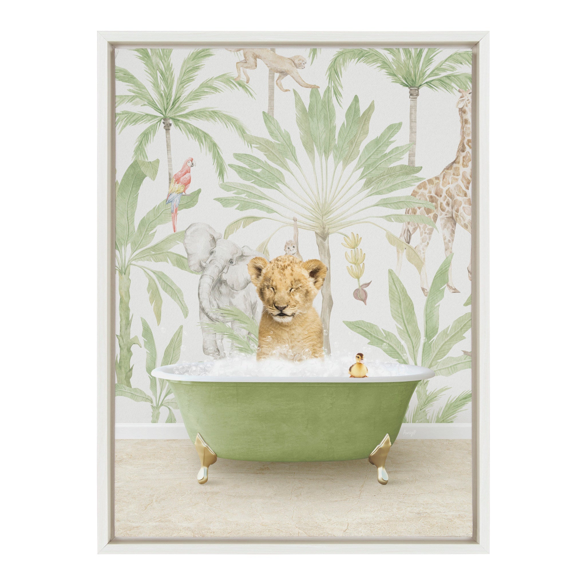 Sylvie Lion Cub in Wild Safari Bath Framed Canvas by Amy Peterson Art Studio