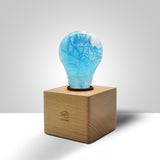 EP Light Memory Resin LED Bulb handcrafted with eco-friendly resin, shown with wooden base options