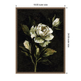 Painting of a white rose with green leaves on a dark background, framed in an ornate brown frame with detailed edges, dimensions 18 by 24 inches outside size.