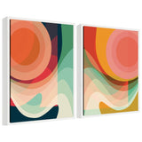 Sylvie Summer Sun 1 and 2 framed canvas art set showing abstract sun imagery in warm tones