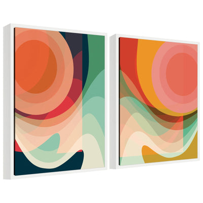 Sylvie Summer Sun 1 and 2 framed canvas art set showing abstract sun imagery in warm tones