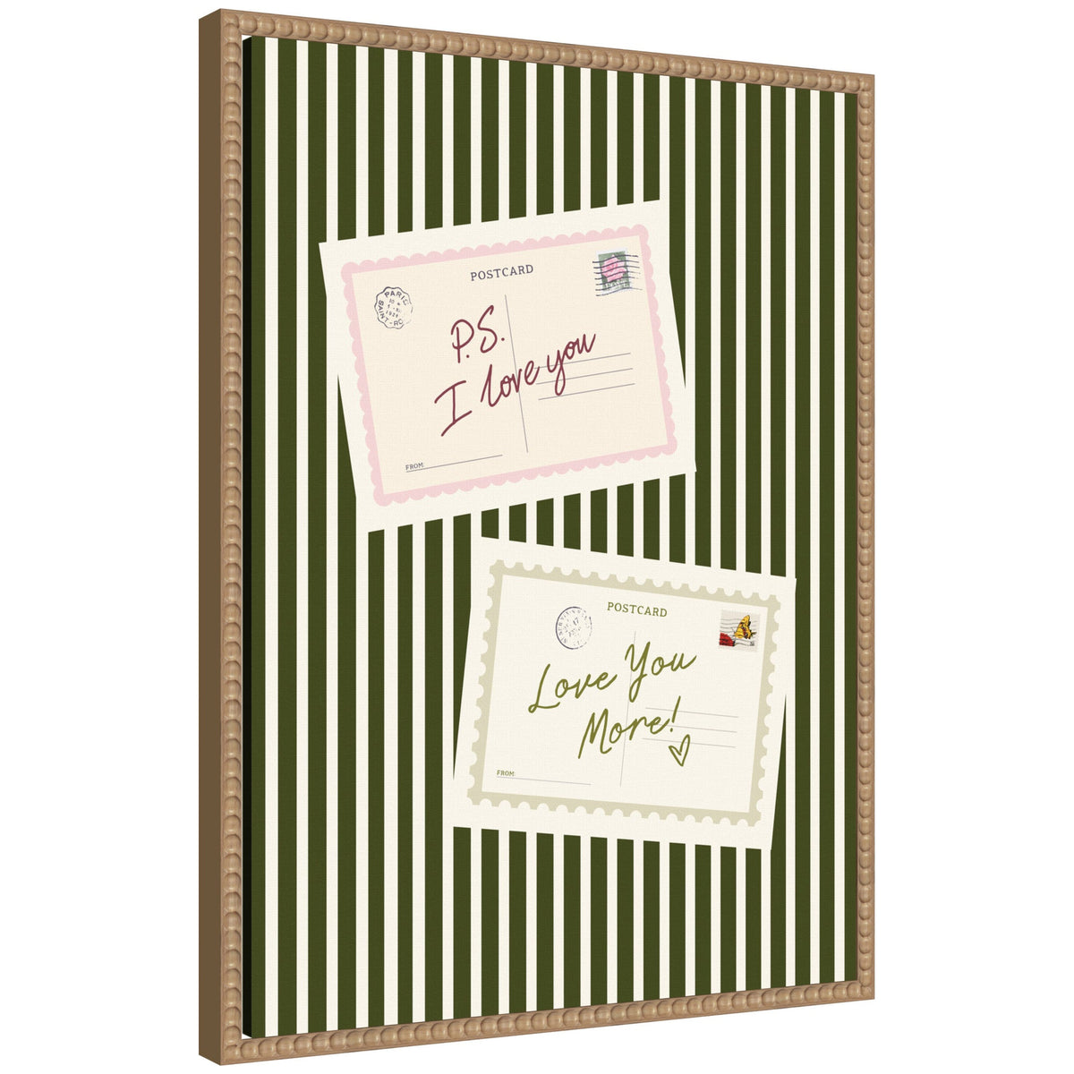 Framed canvas wall art with vintage postcard design reading 'PS I Love You, Love You More' in green stripes