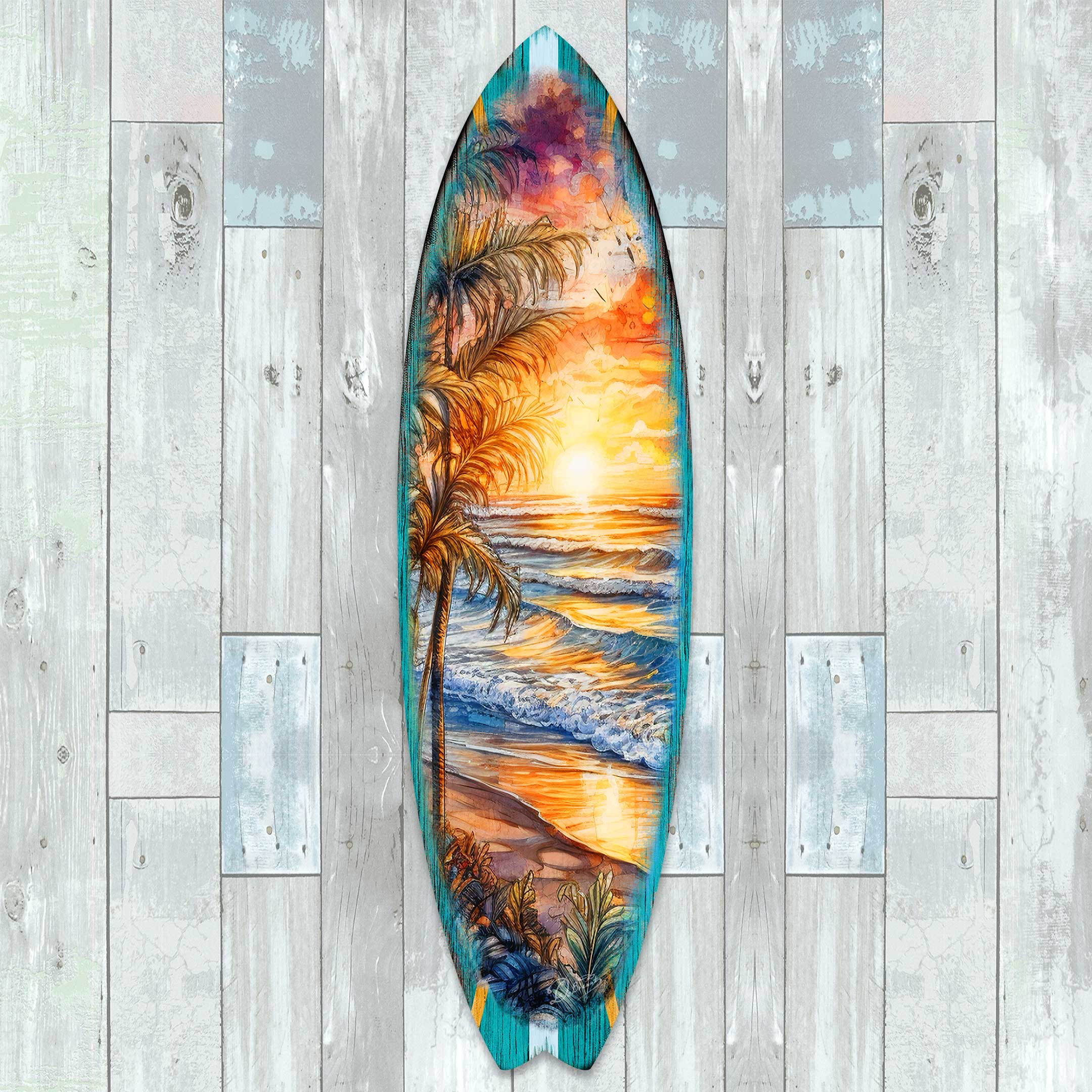 Surfboard Coastal Wall Art - Golden Waves Ocean Sunset by G. DeBrekht
