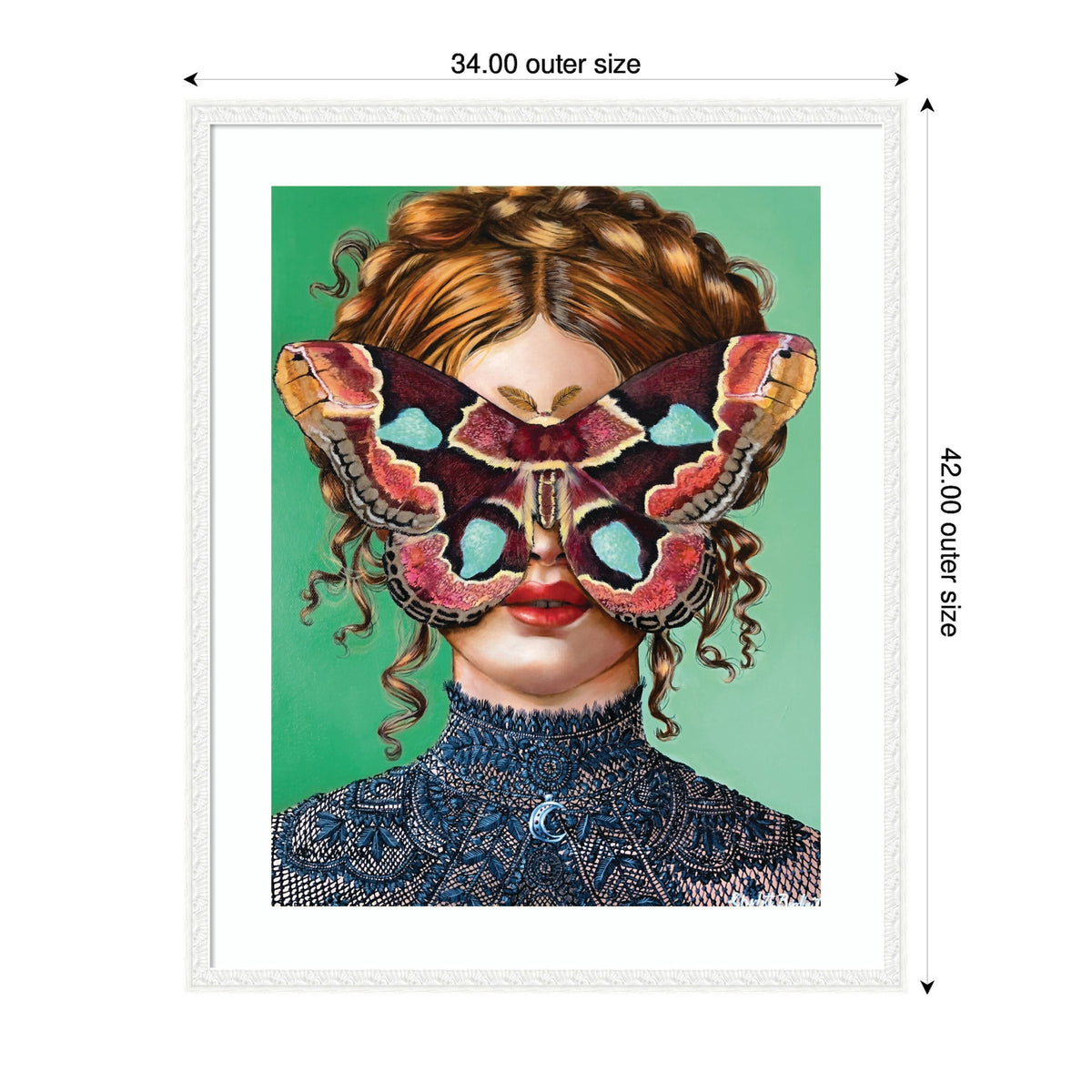 Portrait of a woman with curly red hair wearing an intricate blue lace top, her face partly obscured by a large, colorful moth with purple, teal, and orange wings against a green background.