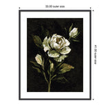 Painting of a large white rose and two rosebuds with green leaves on a black background, presented in a thin black frame with white matting.