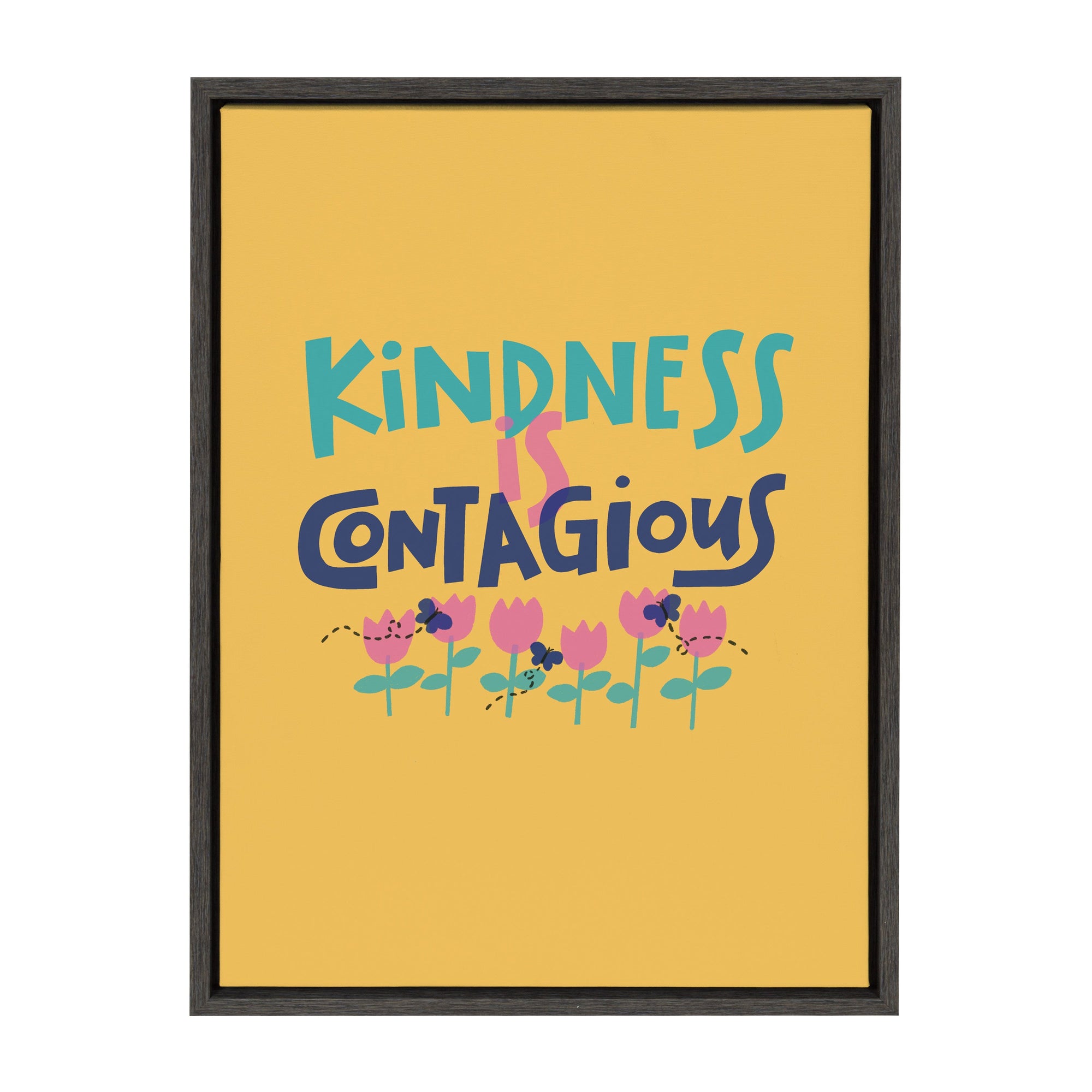 Framed floating canvas art with the words 'Kindness Is Contagious' by Jenn Van Wyk, gray polystyrene frame, 18 by 24 inches