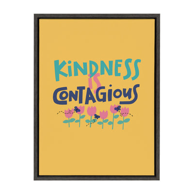 Framed floating canvas art with the words 'Kindness Is Contagious' by Jenn Van Wyk, gray polystyrene frame, 18 by 24 inches