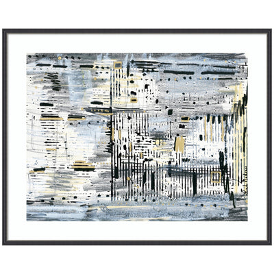 Framed Art Brooklyn Bridge Horizontal by Leah Nadeau showing monochrome geometric abstract with gold accents