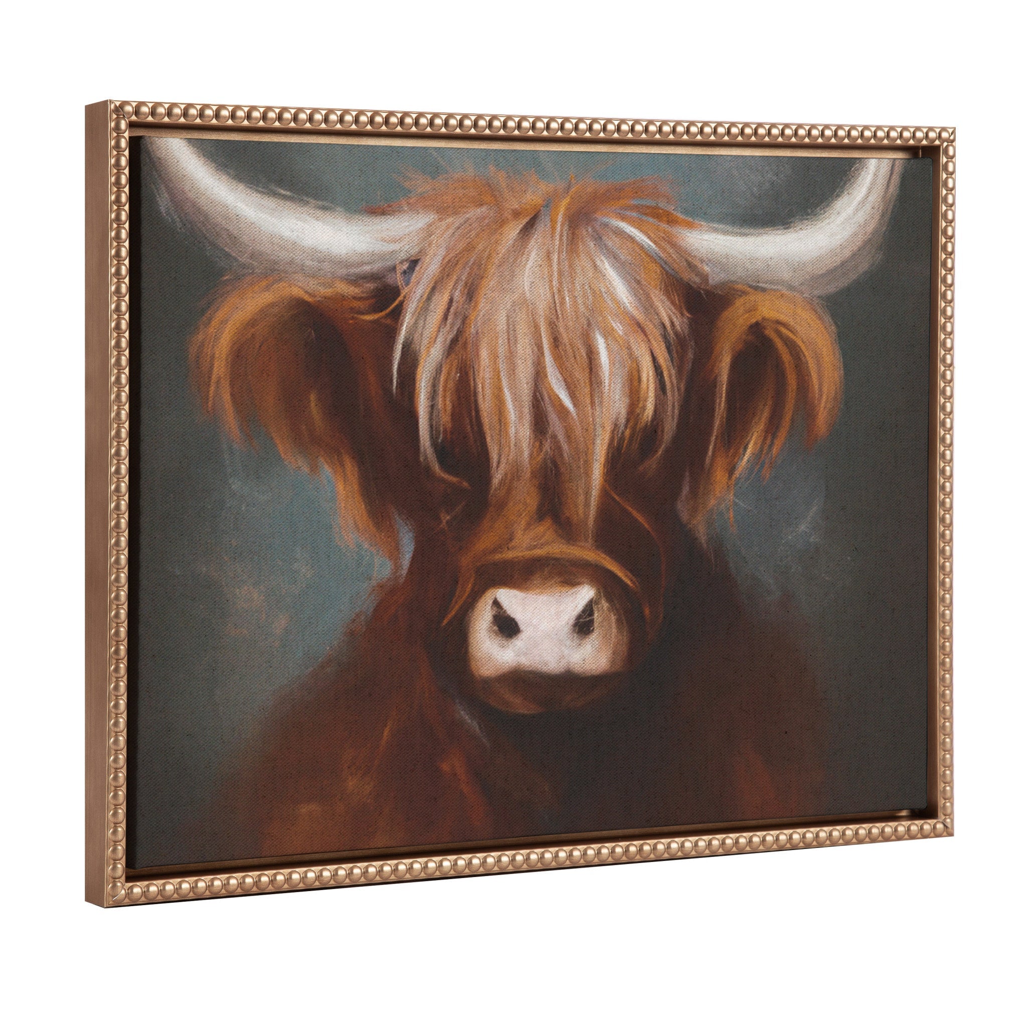 Sylvie Beaded Highland Cow Portrait Painting on Neutral Linen Framed Canvas