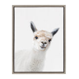 Portrait of a white alpaca with dark eyes and ears, set against a plain white background in a simple light brown frame.