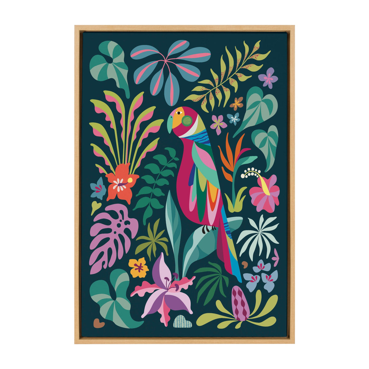 Vibrant stylized tropical parrot with multicolored feathers surrounded by colorful tropical leaves and flowers on a dark teal background framed in light wood.