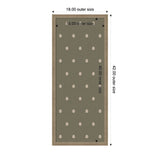 Rectangular green botanical block print with evenly spaced beige circular leaf motifs, framed by beige and brown borders, dimensions marked as 18x42 inches outer size.