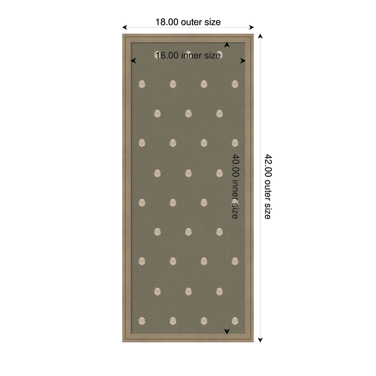 Rectangular green botanical block print with evenly spaced beige circular leaf motifs, framed by beige and brown borders, dimensions marked as 18x42 inches outer size.