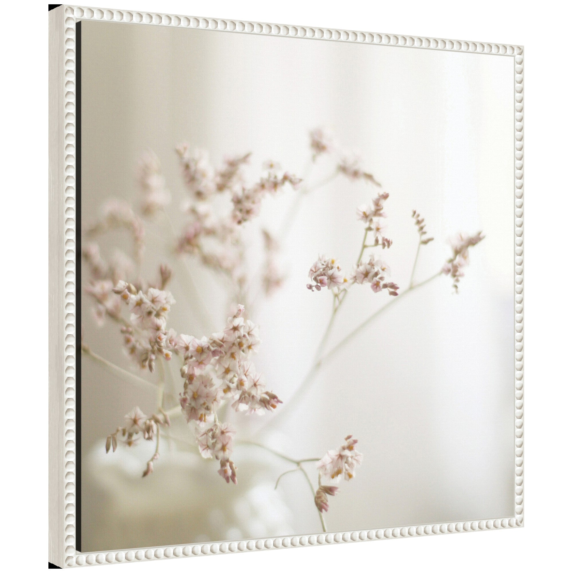 Sylvie Delicate Bouquet of Pastel Flowers framed canvas showing soft pastel floral arrangement in vintage beaded white frame