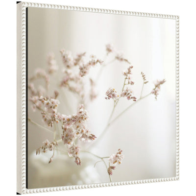 Sylvie Delicate Bouquet of Pastel Flowers framed canvas showing soft pastel floral arrangement in vintage beaded white frame