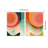 Two framed abstract art prints featuring large concentric circles in warm tones with flowing, wavy shapes in blue, green, and cream on 38 by 24 inches layout.