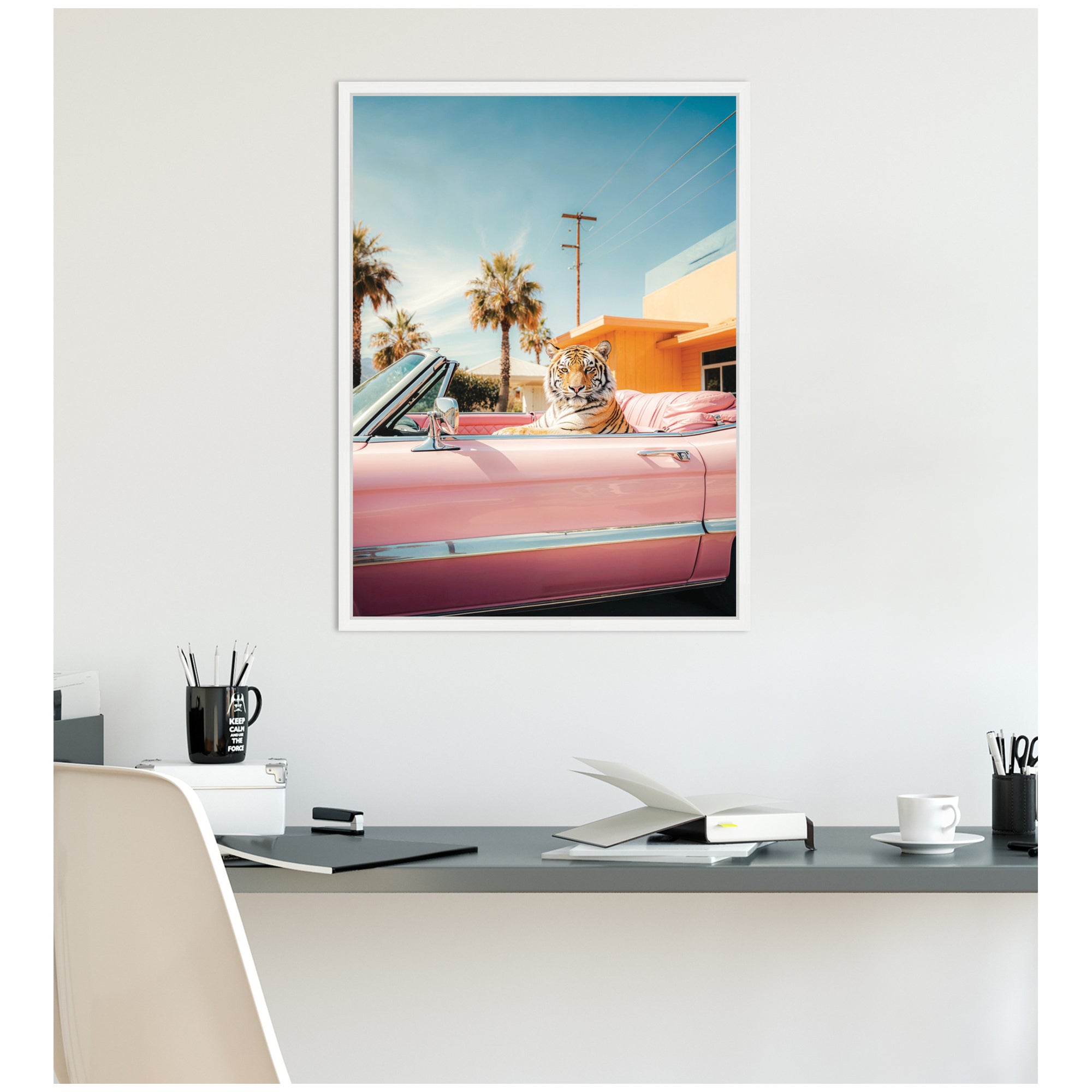 Cool Tiger Sitting in a Pink Classic Car by Michael Schauer Framed Canvas Wall Art Print