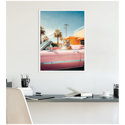 Cool Tiger Sitting in a Pink Classic Car by Michael Schauer Framed Canvas Wall Art Print