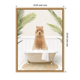 Brown alpaca standing in a vintage clawfoot bathtub filled with bubbles, framed by green palm leaves against a white paneled wall and a round woven rug.