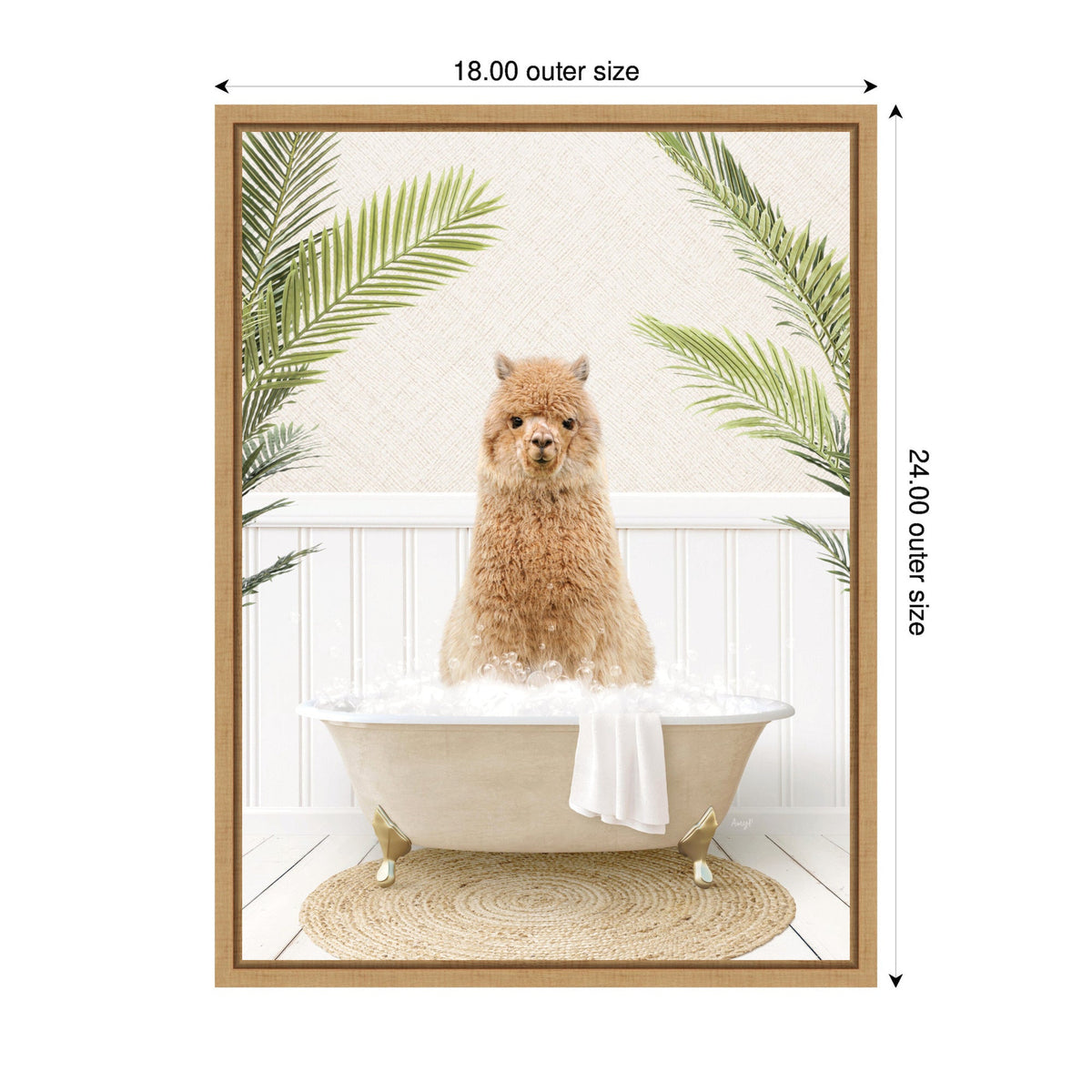 Brown alpaca standing in a vintage clawfoot bathtub filled with bubbles, framed by green palm leaves against a white paneled wall and a round woven rug.