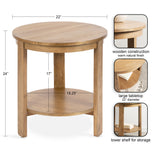 Round wooden side table with warm natural finish, featuring a 22-inch diameter tabletop and a lower circular shelf for storage between four legs.