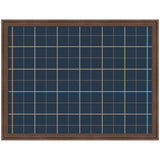 Rectangular pinboard with navy blue fabric featuring a grid of thin beige lines, framed in dark brown wood, shown from front view.