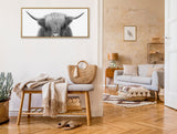 Black and white close-up of a Highland cow's face with long shaggy hair and prominent horns, framed in light wood and hung on a white wall above a bench.