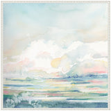 Soft watercolor landscape with pastel sky and gentle clouds above a calm, layered horizon of blues, greens, and peach tones in a white, textured frame.