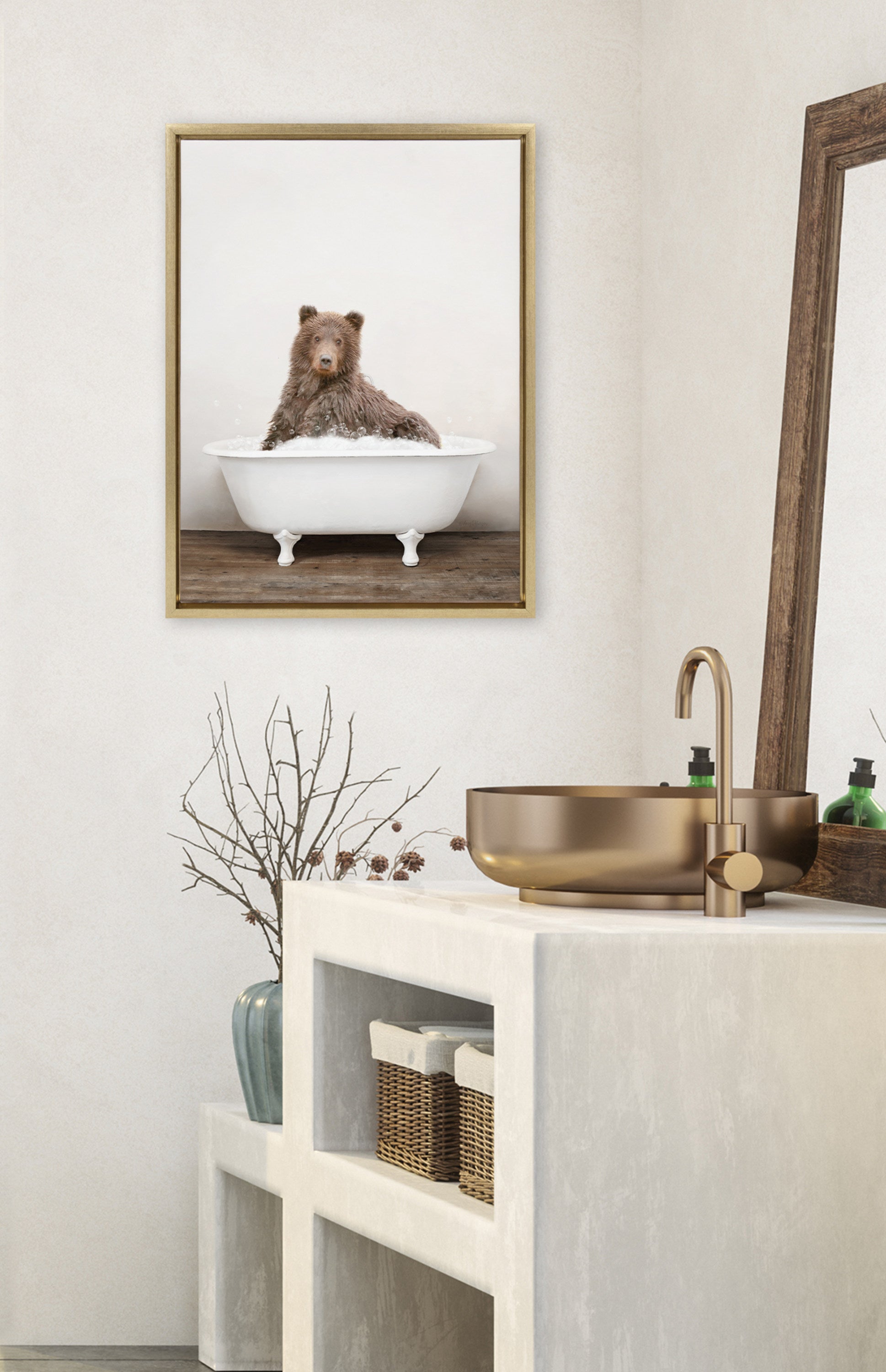 Sylvie Bear Rustic Bubble Bath Framed Canvas