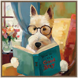 White dog with black glasses reading a teal book titled 'How to be a Good Boy' against a colorful indoor background with flowers and curtains.