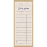 Framed linen fabric pinboard designed like a beige guest check with blue lines and text, including columns for table, persons, waiter, and check number.