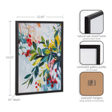 Framed botanical abstract print with colorful leaves and flowers in jewel tones on light background, shown with black oak wood frame details and hanging hardware.