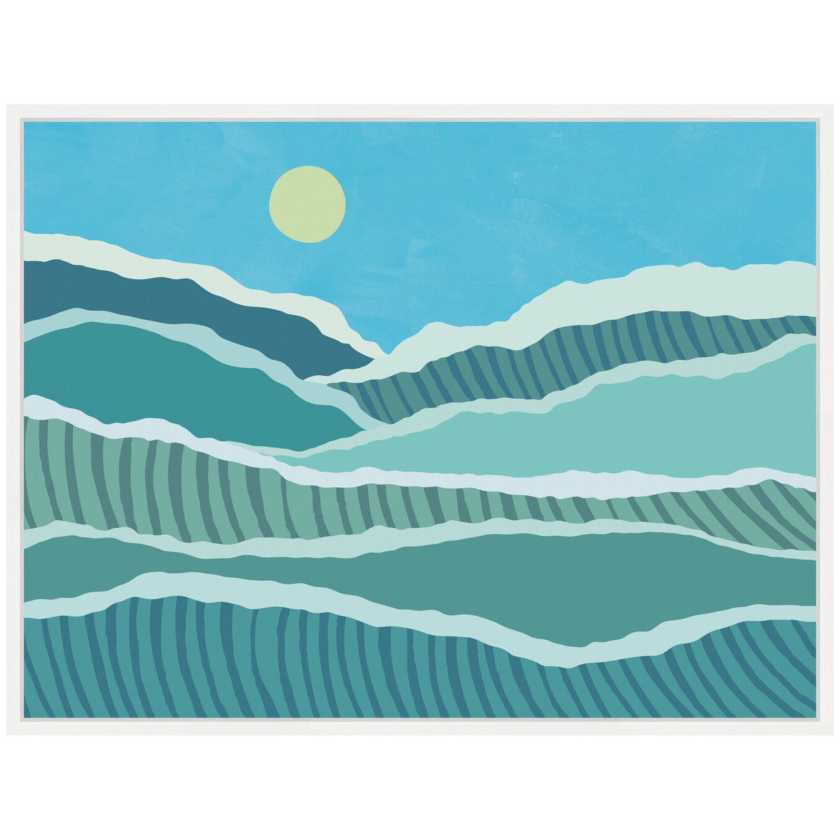 Abstract landscape with multiple layered waves in teal and turquoise shades, striped patterns, and a pale yellow sun against a bright blue sky, framed in white.