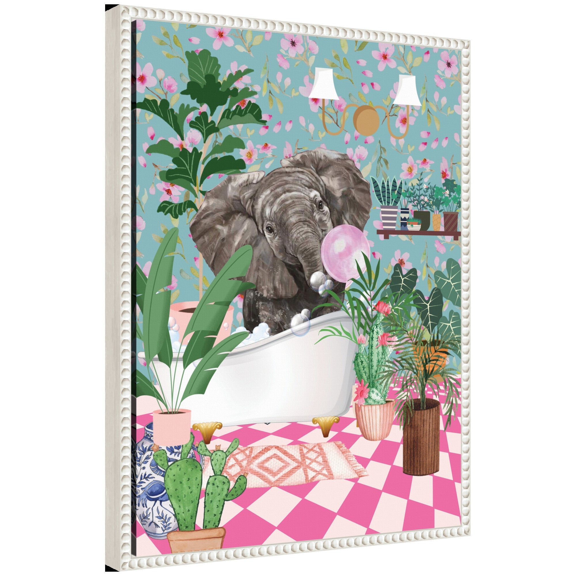 Sylvie Maximalist Bathroom Elephant Bubblegum Framed Canvas by Honey Island Studio