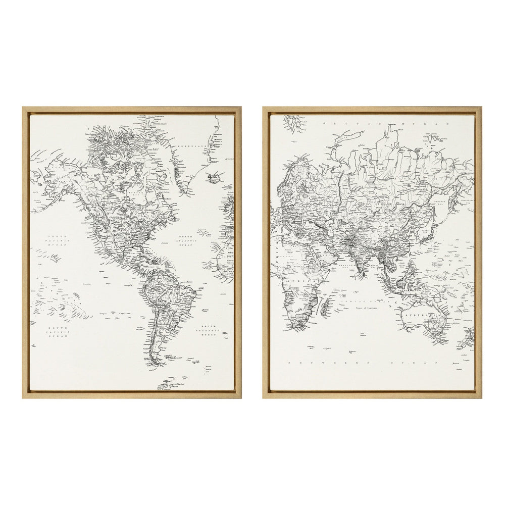 Sylvie Black and White Modern Retro World Map Framed Canvas Set by The by kateandlaurel - main product image for Resin Society