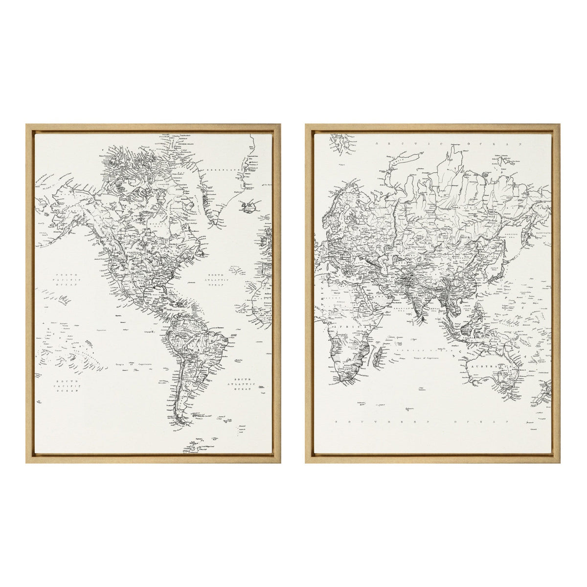 Sylvie Black and White Modern Retro World Map Framed Canvas Set by The by kateandlaurel - main product image for Resin Society