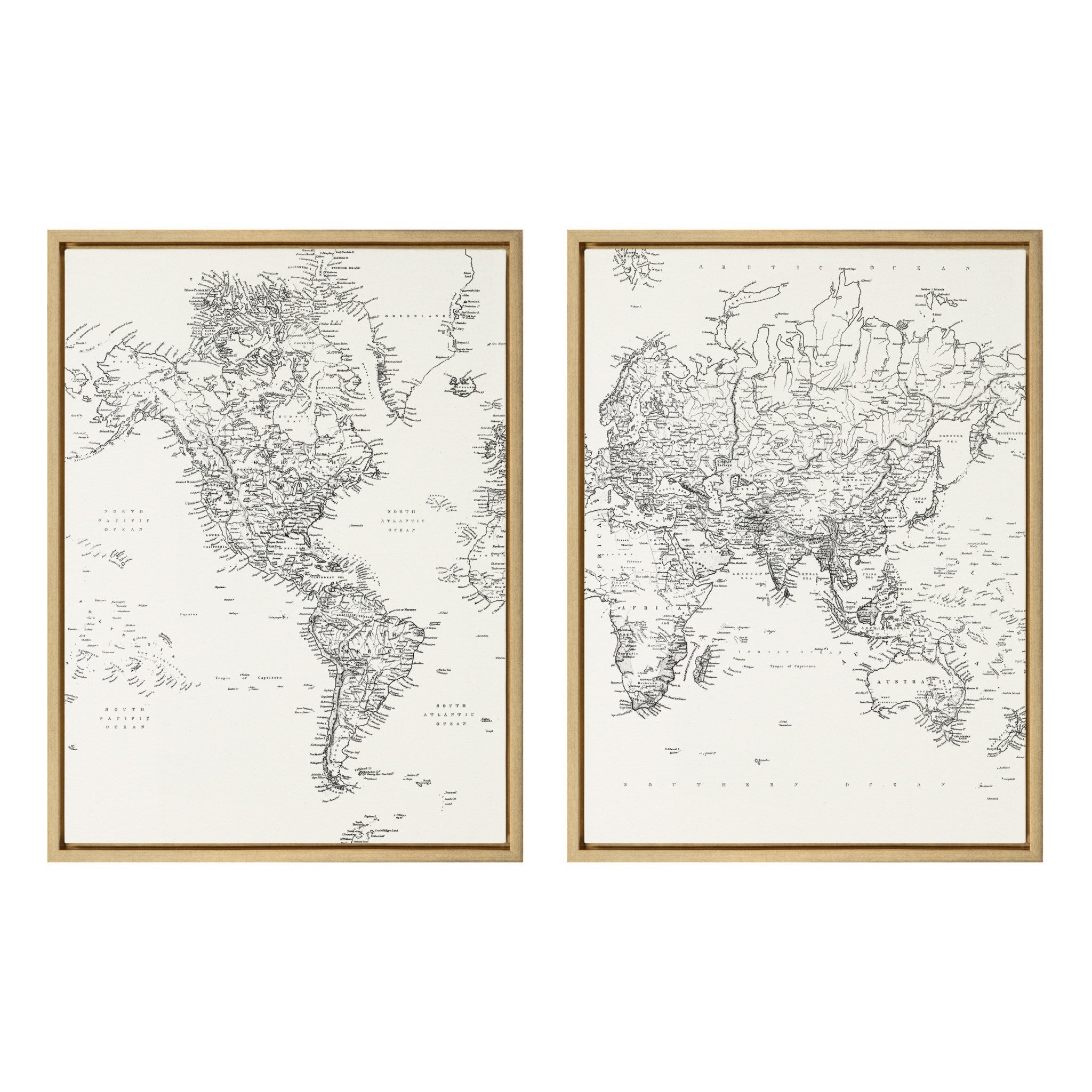 Sylvie Black and White Modern Retro World Map Framed Canvas Set by The by kateandlaurel - main product image for Resin Society