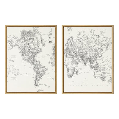 Sylvie Black and White Modern Retro World Map Framed Canvas Set by The by kateandlaurel - main product image for Resin Society