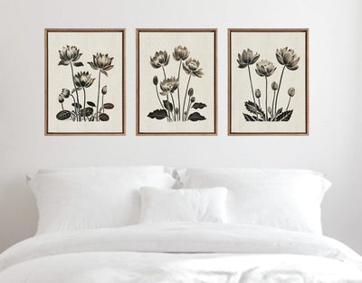 Sylvie Simple Modern Linocut Neutral Lotus Flowers Framed Canvas Art Set