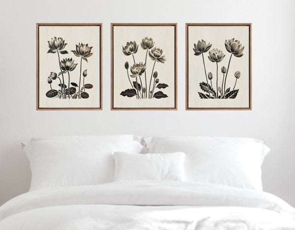 Sylvie Simple Modern Linocut Neutral Lotus Flowers Framed Canvas Art Set