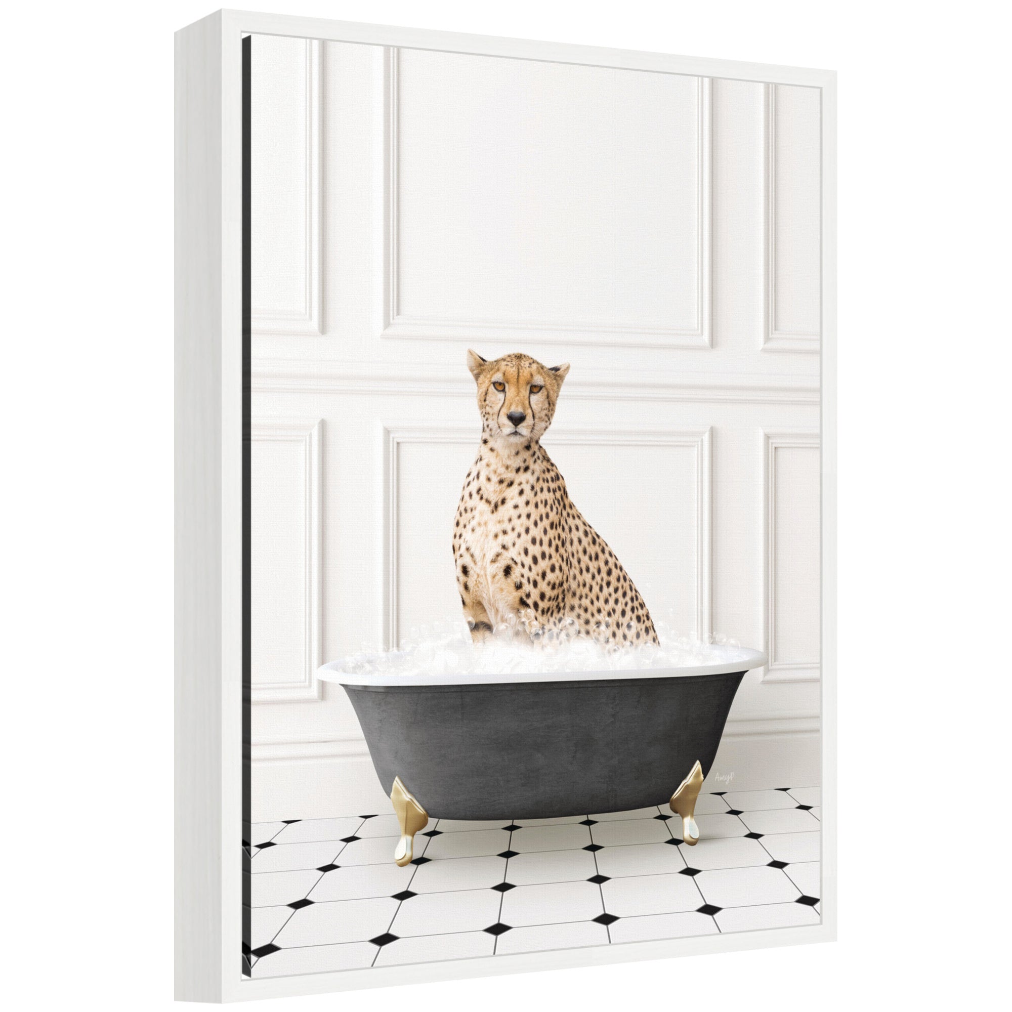 Framed canvas art featuring black and white cheetah in a bathtub by Amy Peterson