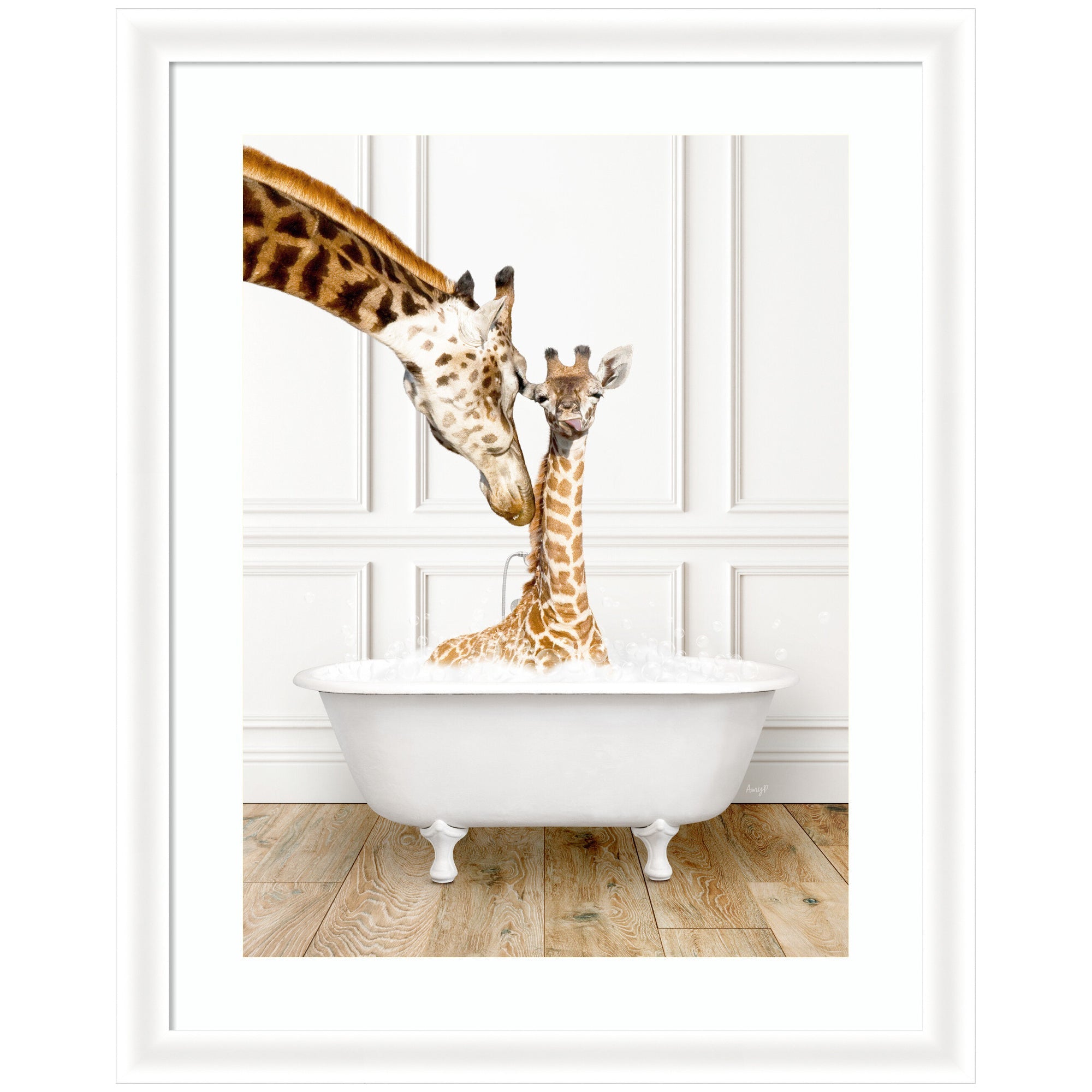 Mother and Baby Giraffe in Traditional Vintage Bathtub by Amy Peterson Framed Wall Art Print