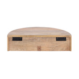 Close-up front view of a curved wooden panel with two black metal hinges and a small square patch in the center bottom edge.