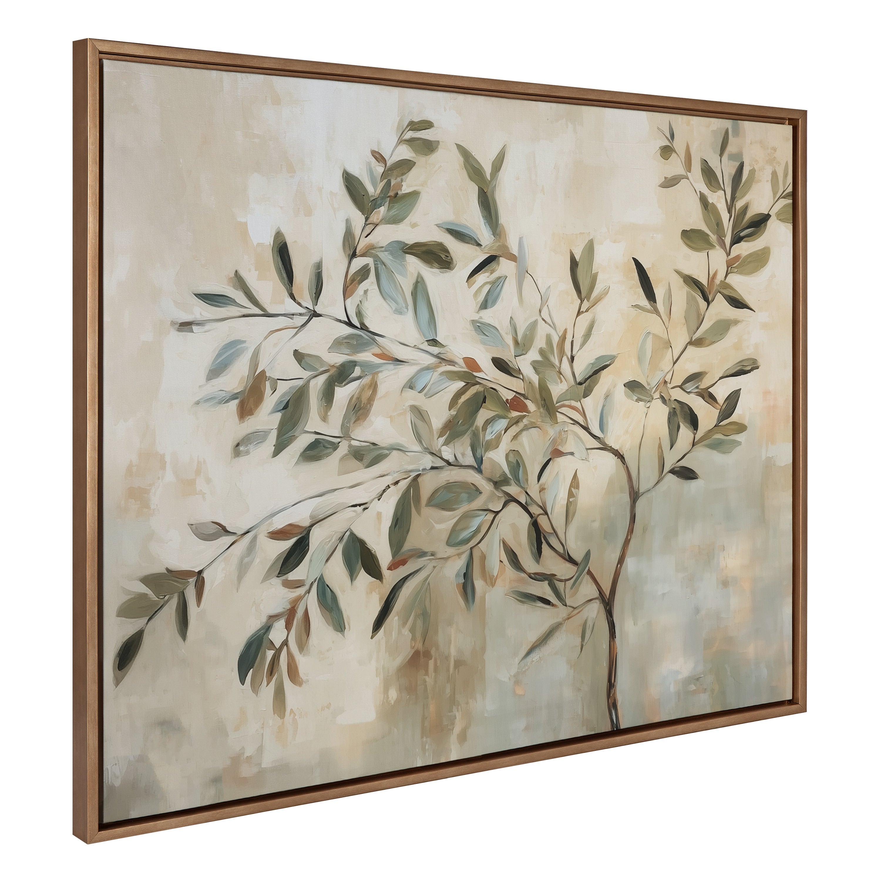 Sylvie Olive Tree Abstract Framed Canvas showing textured olive tree artwork with golden-brown and earth tones in a modern floating frame.