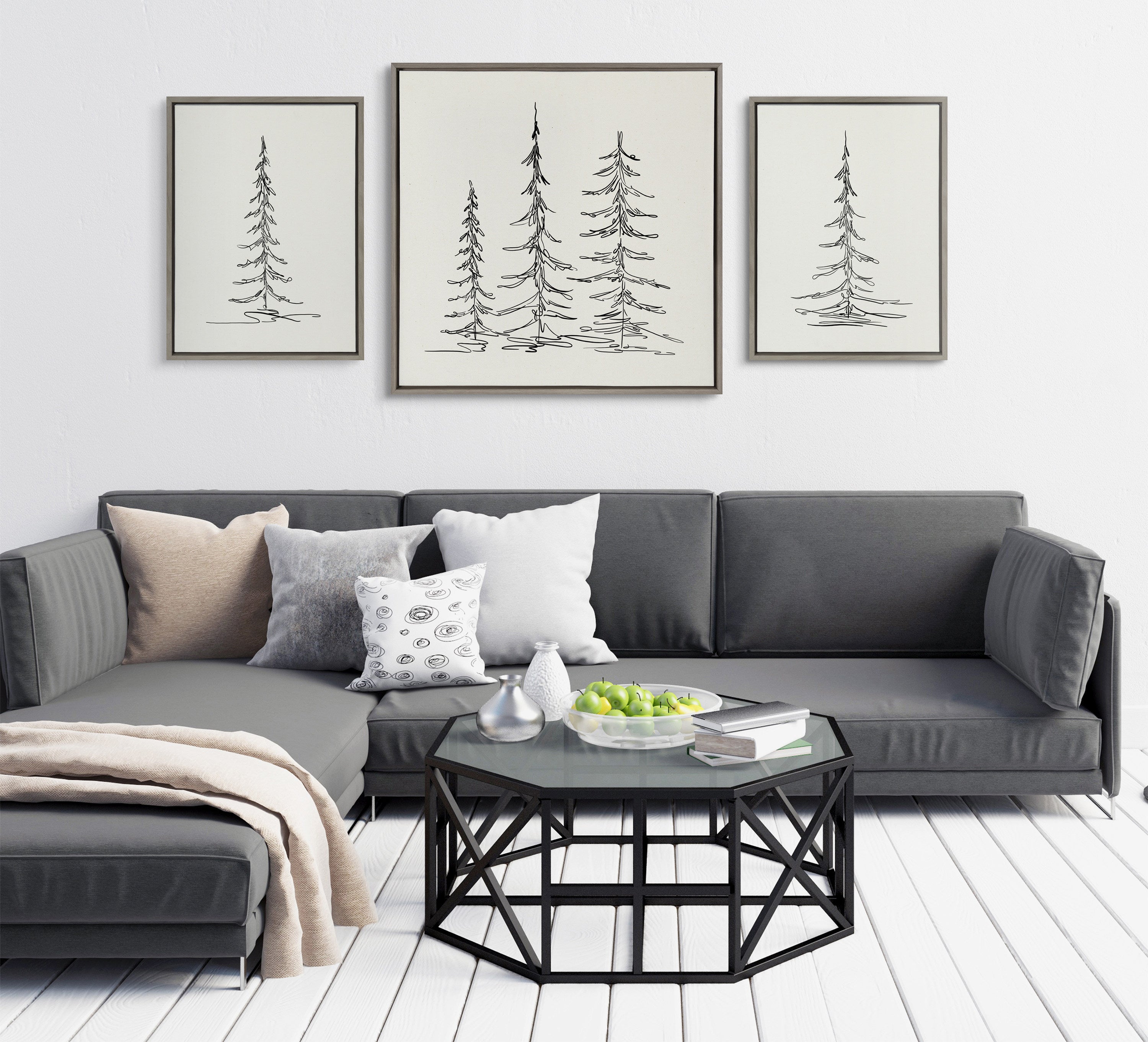Sylvie Minimalist Evergreen Trees Sketch Framed Canvas Art Set by The Creative Bunch Studio