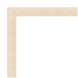 Close-up corner view of a light beige wooden frame with a smooth natural grain texture and sharp mitered joint on a white background